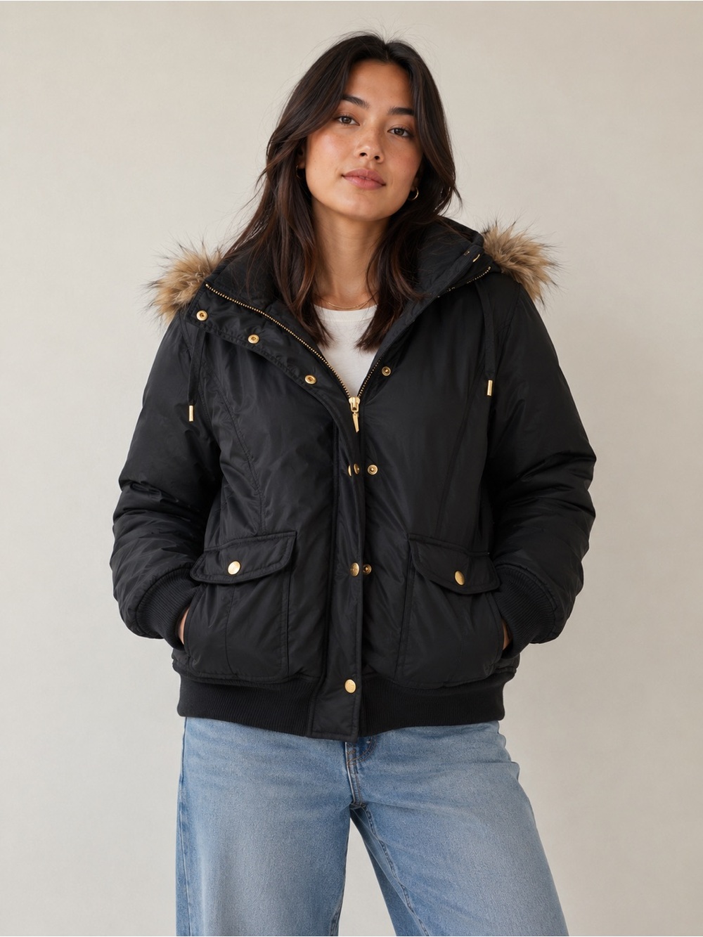 Juicy Couture Black Hooded Puffer Jacket with Faux-Fur Trim and Gold Hardware